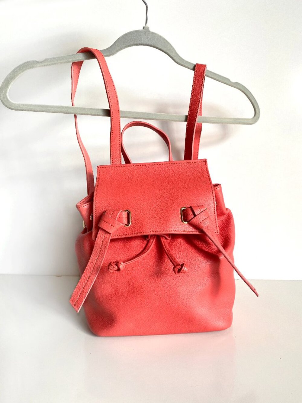 Naked Zebra Genuine Leather Backpack Coral Red Drawstring Flap Shoulder Bag
